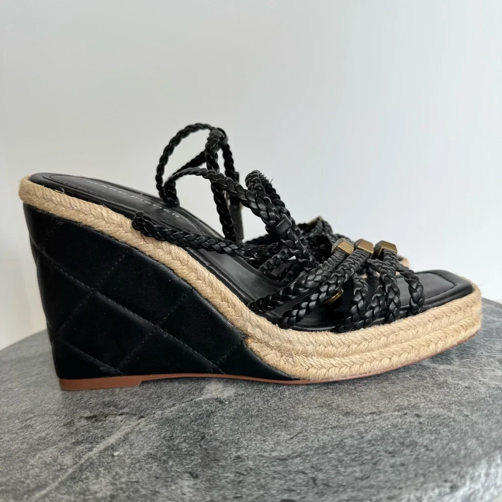Marc Fisher Black Tan Hayla Wedge Heels Sandals 8 Leather